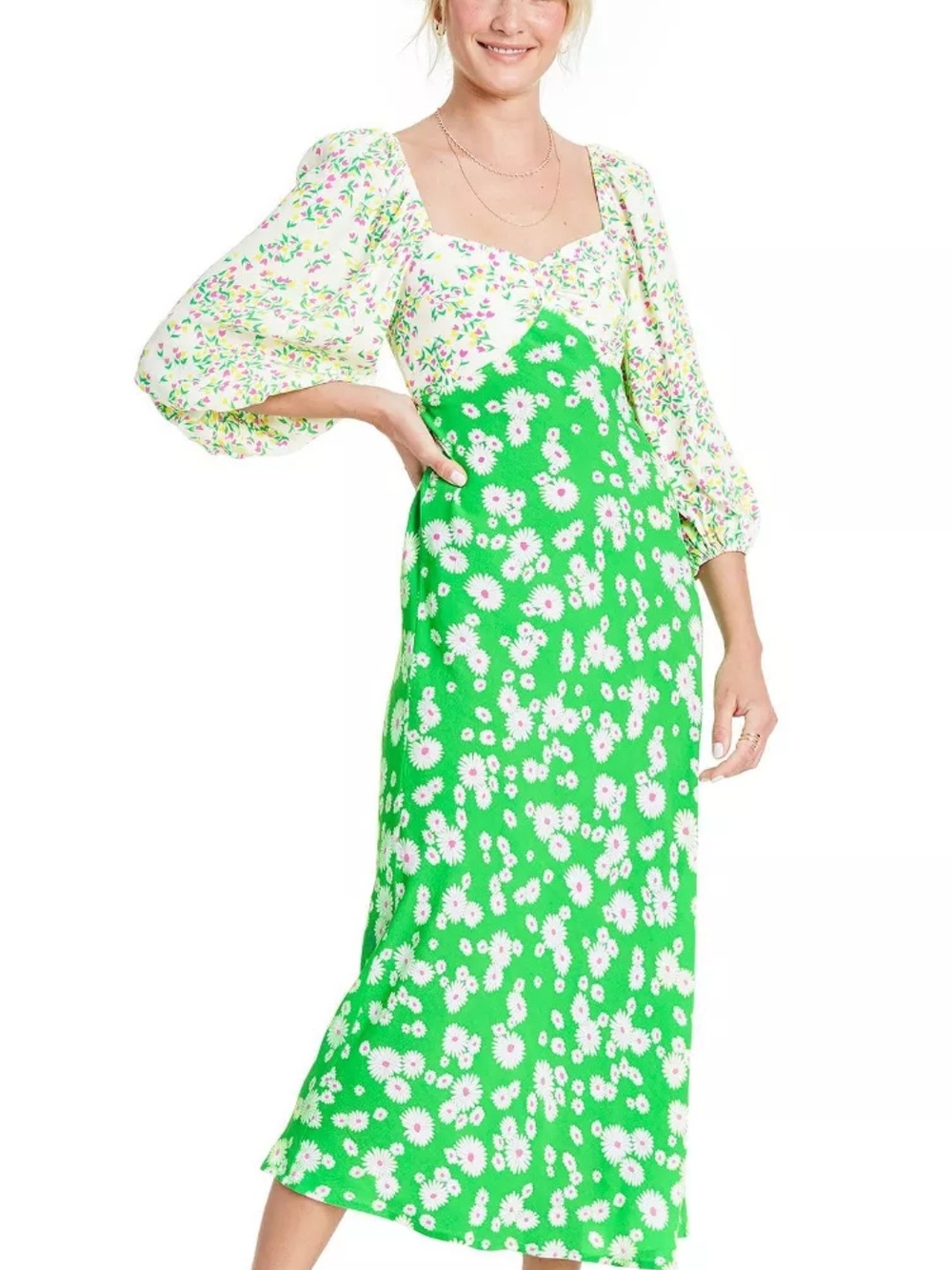 RIXO Green and Cream Floral Puff-Sleeve Midi Dress